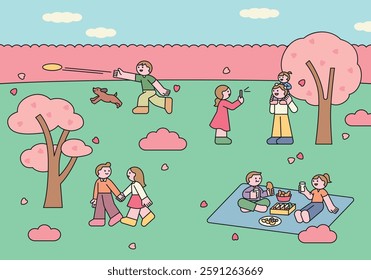 Cute vector illustration of people enjoying a spring day under cherry blossoms. Families, couples, and friends having picnics, playing with pets, and taking photos.