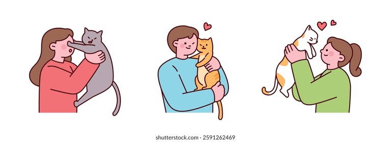 Cute vector illustration of people holding and cuddling their pet cats. Adorable and heartwarming interaction between humans and their feline companions. 