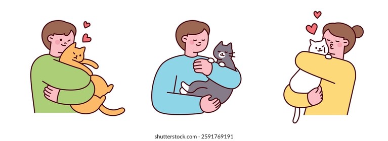 A cute vector illustration of people hugging and cuddling cats with love and affection. Minimal and warm digital drawing in pastel colors, depicting companionship and happiness with pets.