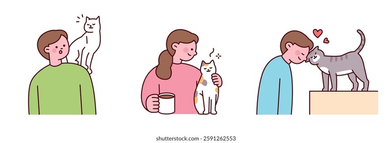 Cute vector illustration of people interacting with their pet cats. Heartwarming moments of affection and bonding between humans and their feline companions.