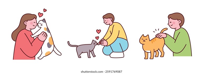 A cute vector illustration of people playing, feeding, and petting cats with affection. Minimal and warm digital drawing in pastel colors, depicting love and companionship with pets.