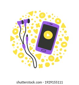 Cute vector illustration with phone and headphones in flat style. Concept listen to music on your smartphone. Modern, hand drawn illustration in bright colors.