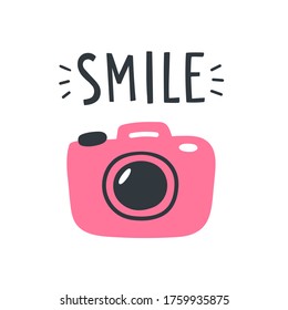 Cute vector illustration with photo camera shot and text lettering "Smile". Stylish doodle artwork for lable, logo and postcard, posters, print materials, blog. Concept for your design