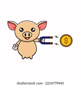 cute vector illustration of a pig using a magnet to make money