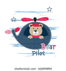 Cute vector illustration with pilot bear for kids design.