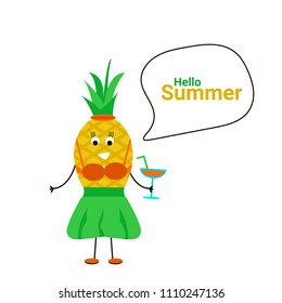 Cute vector illustration of pineapple character. Anthropomorphic fruit that holds a cocktail in hand.