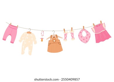 Linda Ilustración vectorial de ropa de bebé niña rosa colgando en las clavijas, perfecto para el tema de fiesta de baby shower. Ideal para invitaciones, decoraciones y tarjetas de felicitación. Diseño suave, encantador y juguetón