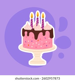 Cute vector illustration of a pink birthday cake with chocolate glaze, whipped cream, and three lit candles on a stand. Perfect for birthday invitations and party decorations.