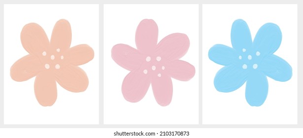 Cute Vector Illustration with Pink and Blue Simple Infantile Style Flowers Isolated on a White Background. Oil Painting Style Print with Abstract Blooming Flower ideal for Wall Art, Card, Poster.