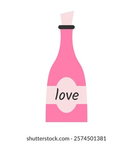 A cute vector illustration of a pink champagne bottle with the word "love" on the label. Perfect for Valentine's Day cards, romantic designs, wedding invitations, or New Year celebrations. 