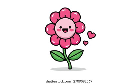 Linda Ilustración vectorial de un personaje de flores rosadas con una cara feliz, tallo verde, hojas y dos corazones Pequeños.