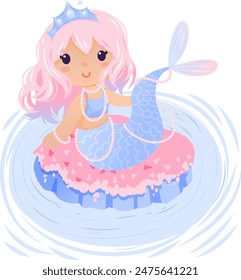 Cute vector illustration of pink haired mermaid sitting on a stone