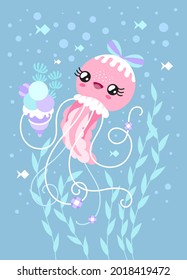 Cute vector illustration of a pink jellyfish with the ice cream.