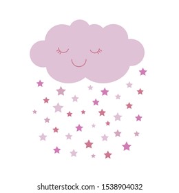 Cute vector illustration of pink smiling cloud with dropping stars. 