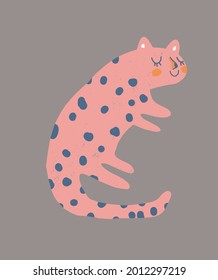 Cute Vector Illustration with Pink Speeping Leopard Isolated on a Dark Pale Brown Background. Infantile Style Nursery Art with Funny Wild Cat ideal for Wall Art, Card, Poster, Kids Room Decoration.