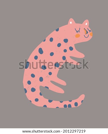 Cute Vector Illustration with Pink Speeping Leopard Isolated on a Dark Pale Brown Background. Infantile Style Nursery Art with Funny Wild Cat ideal for Wall Art, Card, Poster, Kids Room Decoration.