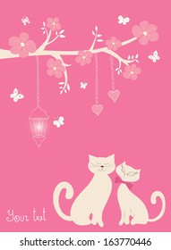 Cute vector illustration in pink tones. Branch with pink flowers, butterfly, sparkle lamp, heart, cats in love under tree. 