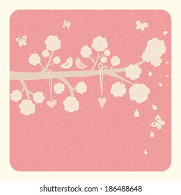 Cute vector illustration in pink tones. Branch with flowers, butterfly, heart, birds. Can be used for celebration postcard, wedding invitation, etc.