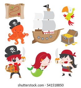 Cute vector illustration of pirate theme set. Included in this set pirate boy and girl holding sword, treasure map, treasure chest with gold coin, parrot, mermaid, pirate ship, and octopus