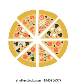 Cute vector illustration of pizza slices. Tasty delicious italian traditional food. Pepperoni, vegeterian, seafood, mushrooms, shrimps, cheese, tomato. For promo, menu, poster, pizzeria