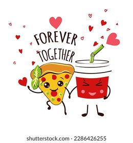 Cute vector illustration pizza and soda cup, love card, apparel print, menu