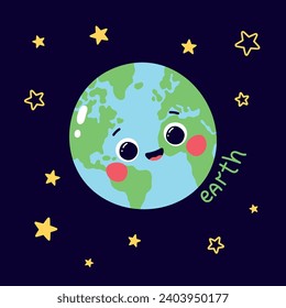 Cute vector illustration of planet earth character with caption and stars on dark blue background