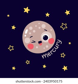 Cute vector illustration of planet mercury character with caption and stars on dark blue background