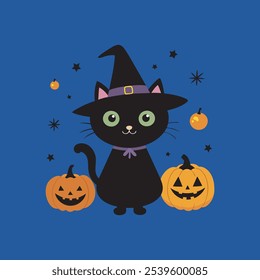 A cute vector illustration of a playful Halloween cat with large, friendly eyes, perfect for kid-friendly and festive Halloween designs.