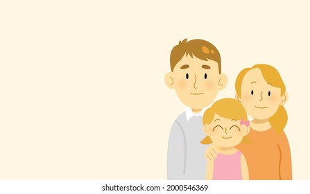 Cute vector illustration portrait of a caucasian family with two parents and their child. Father, mother and daughter together. Concept of parenthood, child education and care.