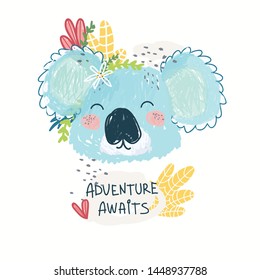 Cute vector illustration of the poster with beautiful colorful koala with plants and flower. Graphic elements for kids design. Childish hand drawn animal koala for greeting card, invitation, postcard