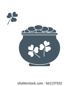 Cute vector illustration with pot with gold coins for St. Patrick's Day. Design for banner, poster or print. 