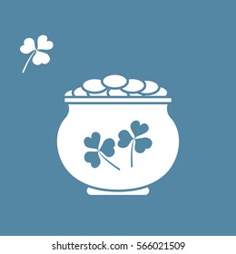 Cute vector illustration with pot with gold coins for St. Patrick's Day. Design for banner, poster or print. 