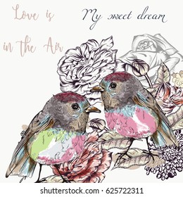 Cute vector illustration with pretty couple of birds. Love is in the air