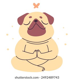 Cute vector illustration. Pug dog sitting in lotus pose and meditating. Vector illustration