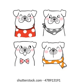 Cute vector illustration with pug dog.Doodle style.
