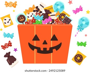 A cute vector illustration of a pumpkin box filled with Halloween candy