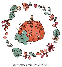 cute vector illustration of pumpkin with flowers and berries. art for print, fall cards, Thanksgiving holiday