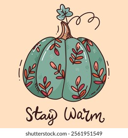 cute vector illustration of pumpkin with flowers and berries. art for print, fall cards, Thanksgiving holiday