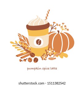 Cute vector illustration Pumpkin spice latte. Seasonal card design with hand drawn take away coffee cup, pumpkin, spices, leaves and twigs. Autumn clip art for cafe, restaurants, menu posters.