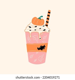 Cute vector illustration of pumpkin spice latte with cute pumpkin in foam. Hand drawn. All elements are isolated