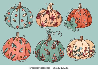ilustração vetor bonito de abóboras com flores e bagas. arte para impressão, cartões de queda, feriado de Ação de Graças