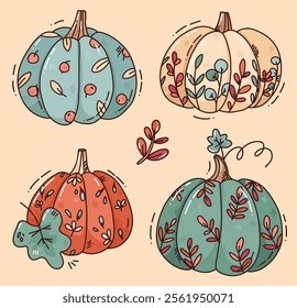 cute vector illustration of pumpkins with flowers and berries. art for print, fall cards, Thanksgiving holiday