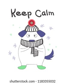 Cute vector illustration, puppy in cartoon style with realistic pink button pompon on winter hat, hand lettering Keep Calm. Scrapbook element. Art card for nursery or kids room poster background.