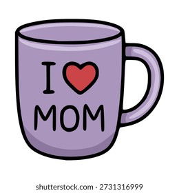 Ilustração vetorial bonito de uma caneca roxa com "I love Mom" e um coração vermelho, isolado no branco