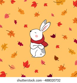 Cute vector illustration with rabbit and beauty scarf in autumn yellow  background.