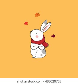 Cute vector illustration with rabbit and beauty scarf in fall autumn yellow  background.