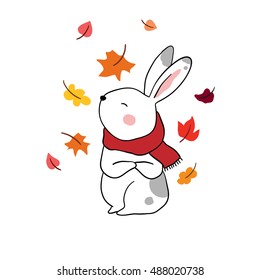Cute vector illustration with rabbit and beauty scarf in autumn season.