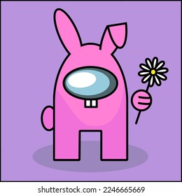 Cute vector illustration of rabbit character. Like game Among us. Funny spring.