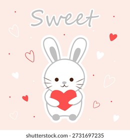 Linda Ilustración vectorial de conejo con un corazón rojo. Suaves colores pastel, ambiente de calidez y confort. Una Plantilla para postal, invitación, diseño, embalaje para el tema relacionado con el amor y la bondad