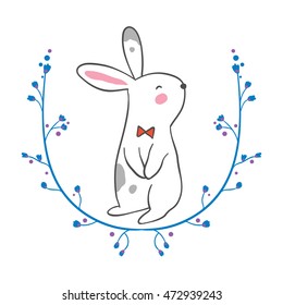 Cute vector illustration with rabbit and red bow tie,floral frame,winter,Doodle style.
